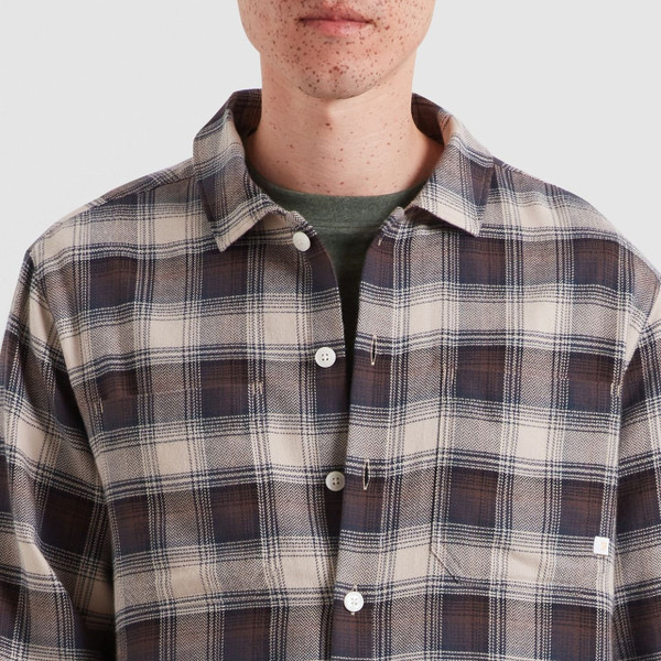 Model Wearing Farah Lavelle Long Sleeve Check Dobby Shirt in Dark Brown - Front Facing Close Up
