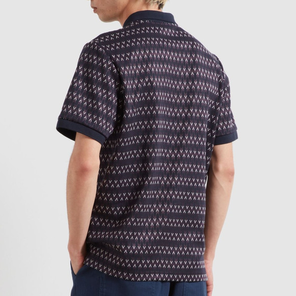 Model Wearing Farah Galen Short Sleeve Jacquard Stripe Polo Shirt in True Navy - Back