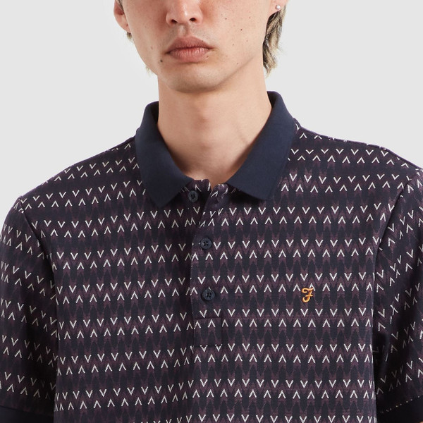 Model Wearing Farah Galen Short Sleeve Jacquard Stripe Polo Shirt in True Navy - Front Facing Close Up
