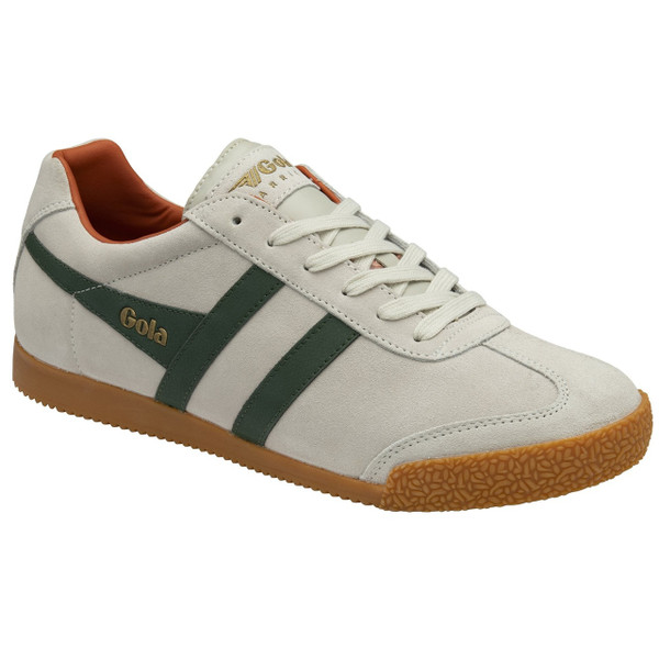 Gola Classics Harrier Suede Men's Retro Trainers in Off White / Evergreen / Moody Orange - Single trainer side view at angle