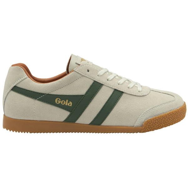 Gola Classics Harrier Suede Men's Retro Trainers in Off White / Evergreen / Moody Orange - Single trainer side view straight