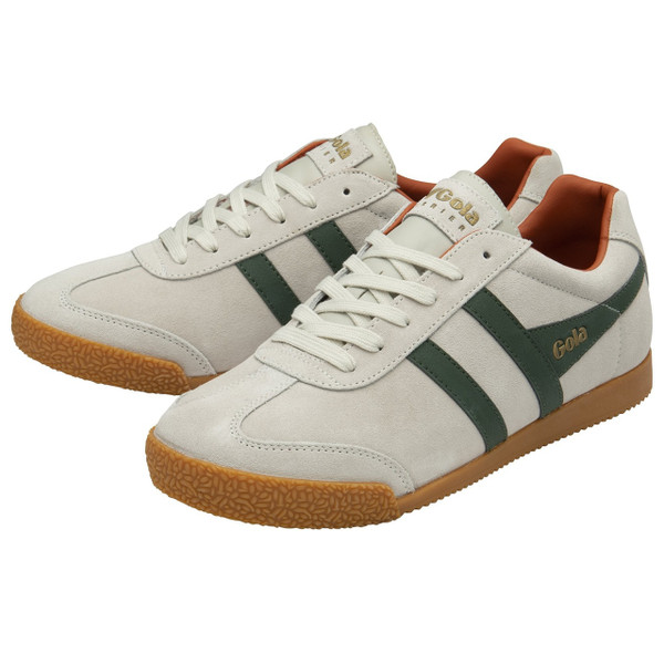 Gola Classics Harrier Suede Men's Retro Trainers in Off White / Evergreen / Moody Orange - Pair of trainers side view at angle