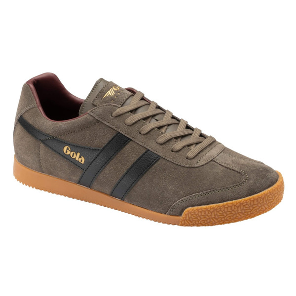 Gola Classics Harrier Suede Men's Retro Trainers in Urban Moss / Black / Burgundy - Single trainer side view at angle
