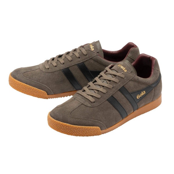 Gola Classics Harrier Suede Men's Retro Trainers in Urban Moss / Black / Burgundy - Pair of trainers side view at angle