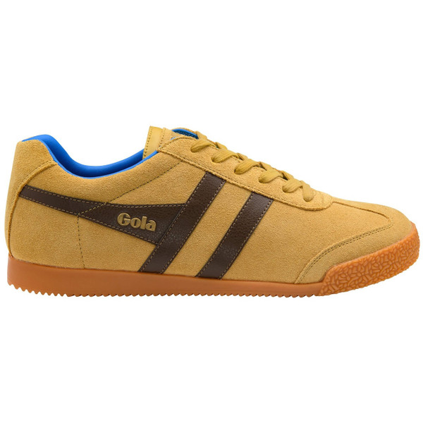Gola Classics Harrier Suede Men's Retro Trainers in Mustard / Otter / Pacific - Single trainer side view straight