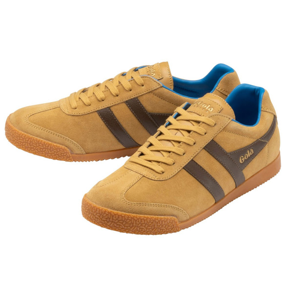 Gola Classics Harrier Suede Men's Retro Trainers in Mustard / Otter / Pacific - Pair of trainers side view at angle