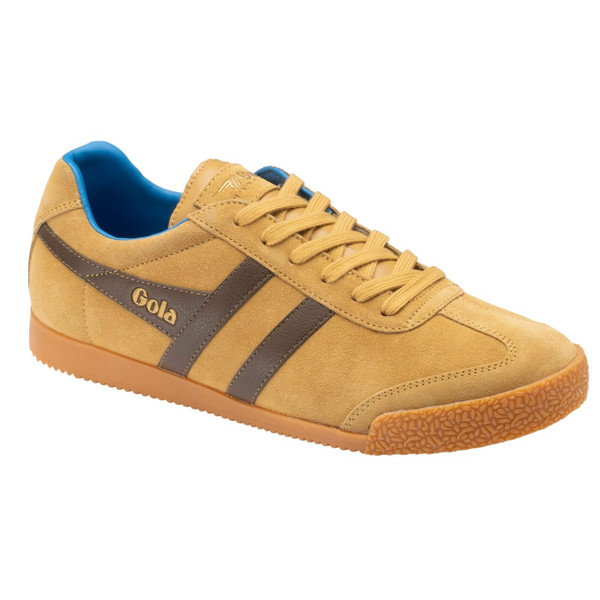 Gola Classics Harrier Suede Men's Retro Trainers in Mustard / Otter / Pacific - Single trainer side view at angle
