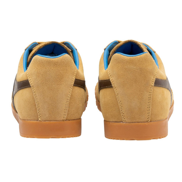 Gola Classics Harrier Suede Men's Retro Trainers in Mustard / Otter / Pacific - Pair of trainers from behind