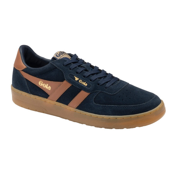 Gola Classics Hawk Suede ’86 Men's Retro Trainers in Navy / Umber / Gum - Single trainer side view at angle
