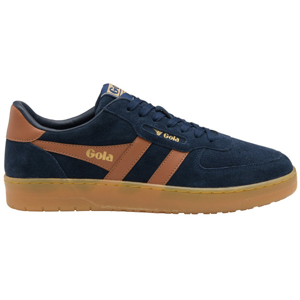 Gola Classics Hawk Suede ’86 Men's Retro Trainers in Navy / Umber / Gum - Single trainer side view straight