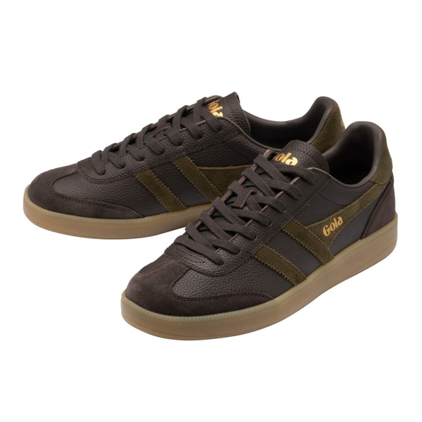 Gola Classics Viper Serra Men's Leather Trainers in Cognac Pebble / Dark Brown / Gum - Pair of trainers side view at angle