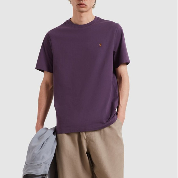 Model Wearing Farah Danny Organic Cotton Jersey Crew Neck T-Shirt in Deep Purple - Front Facing