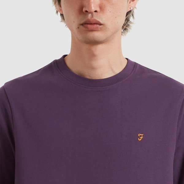 Model Wearing Farah Danny Organic Cotton Jersey Crew Neck T-Shirt in Deep Purple - Front Facing Close Up