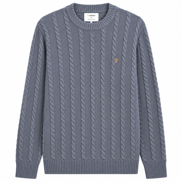 Farah Knight Men's Organic Cotton Retro Cable Knit Jumper in Icelandic Blue - Front Flat