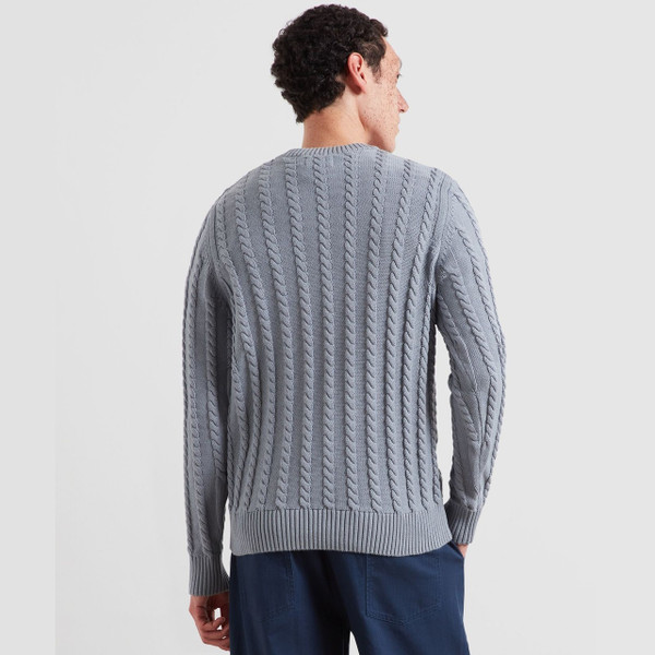 Model Wearing Farah Knight Men's Organic Cotton Retro Cable Knit Jumper in Icelandic Blue - Back