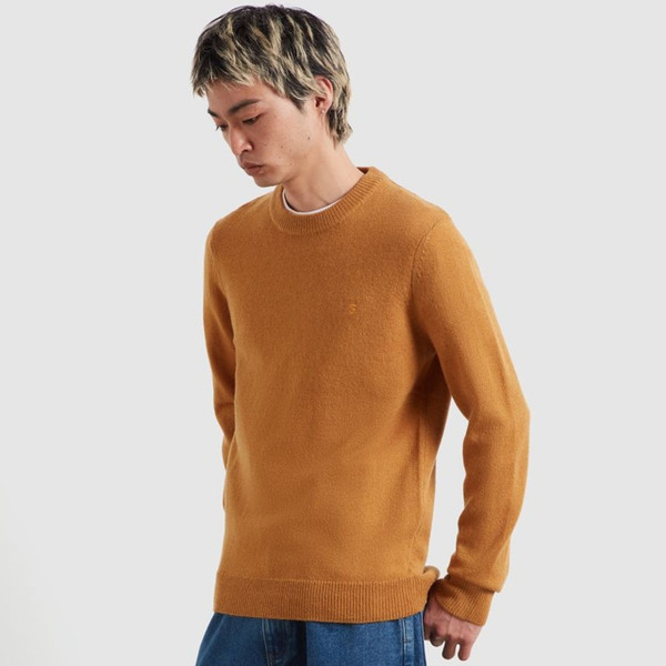 Model Wearing Farah Vintage Maidstone Men's Lambswool Crew Neck Sweater in Rust Yellow - Flat Facing