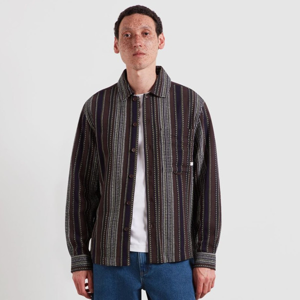 Model Wearing Farah Cody F-Tab Men's Stripe Long Sleeve Overshirt in Dark Brown - Front Facing