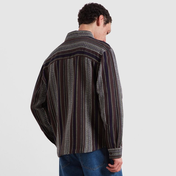 Model Wearing Farah Cody F-Tab Men's Stripe Long Sleeve Overshirt in Dark Brown - Back