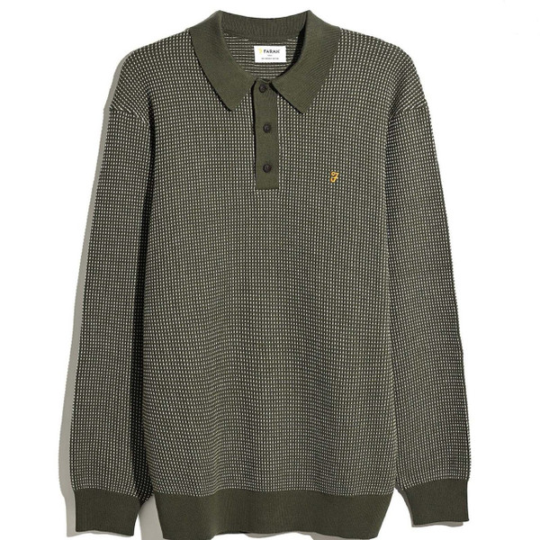Farah Gateacre Long Sleeve Waffle Knit Polo Shirt in Rosemary - Front Flat