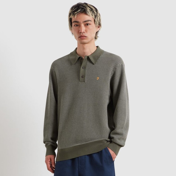 Model Wearing Farah Gateacre Long Sleeve Waffle Knit Polo Shirt in Rosemary - Front Facing