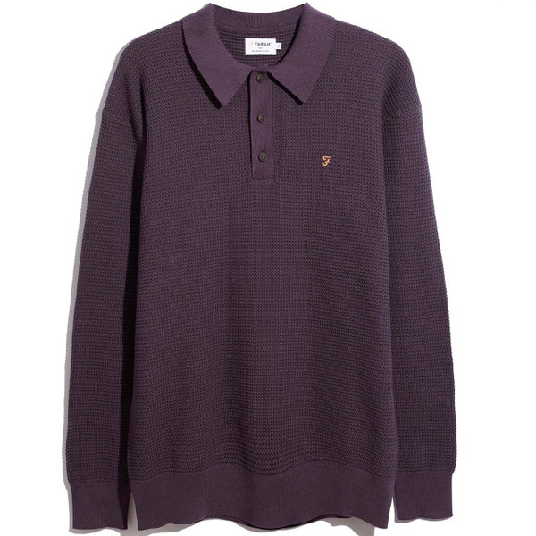 Farah Gateacre Long Sleeve Waffle Knit Polo Shirt in Deep Purple - Front Flat