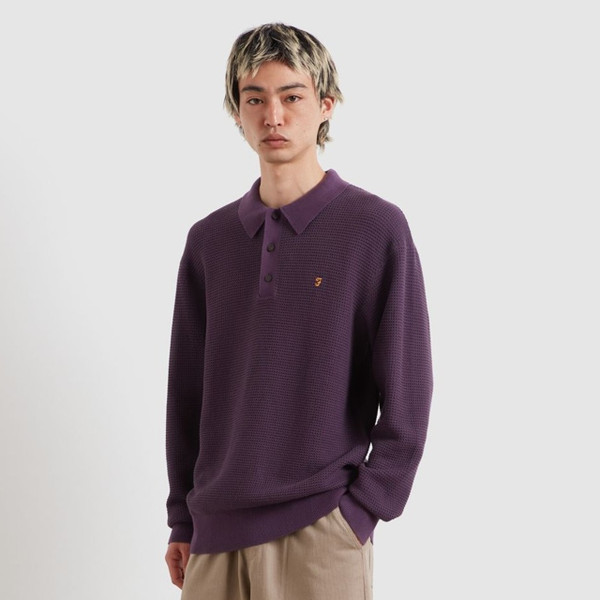 Model Wearing Farah Gateacre Long Sleeve Waffle Knit Polo Shirt in Deep Purple- Front Facing