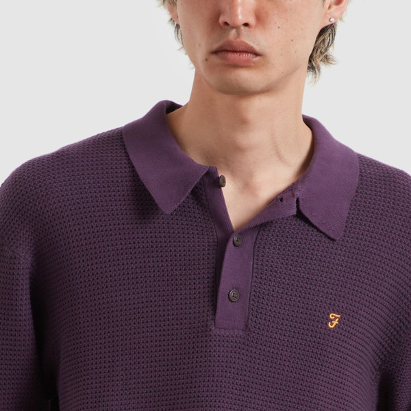 Model Wearing Farah Gateacre Long Sleeve Waffle Knit Polo Shirt in Deep Purple- Front Facing Close Up