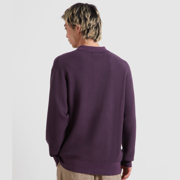 Model Wearing Farah Gateacre Long Sleeve Waffle Knit Polo Shirt in Deep Purple- Back
