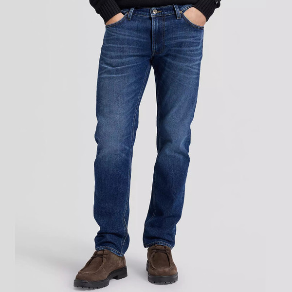 Model Wearing Lee Daren Regular Straight Blue Denim Jeans in Love It Loud - Front Facing