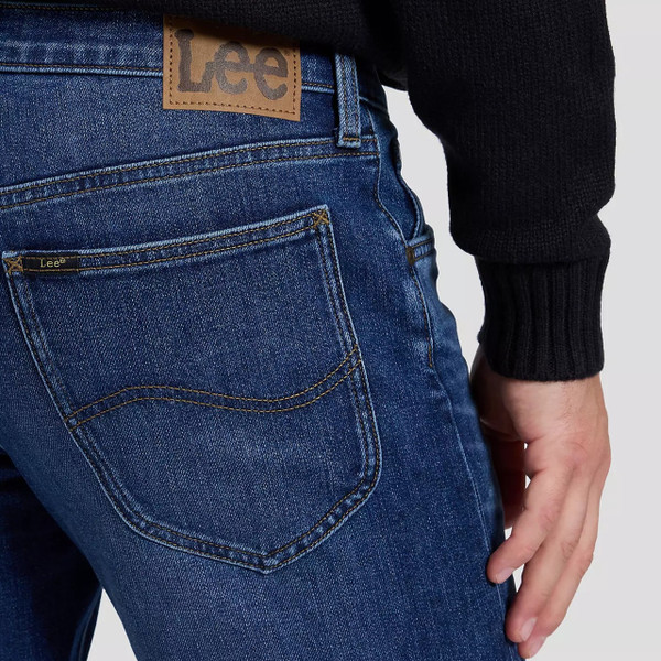 Model Wearing Lee Daren Regular Straight Blue Denim Jeans in Love It Loud - Back Pocket Close Up