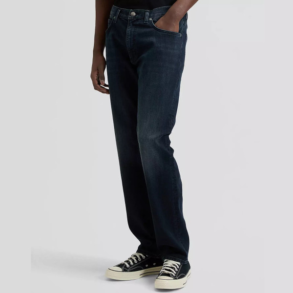 Model Wearing Lee West Regular Straight Medium Stretch Dark Blue Jeans in Below Zero - Front Facing