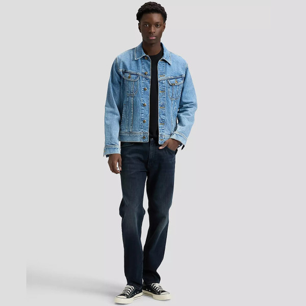 Model Wearing Lee West Regular Straight Medium Stretch Dark Blue Jeans in Below Zero - Front Facing Full Length Shot