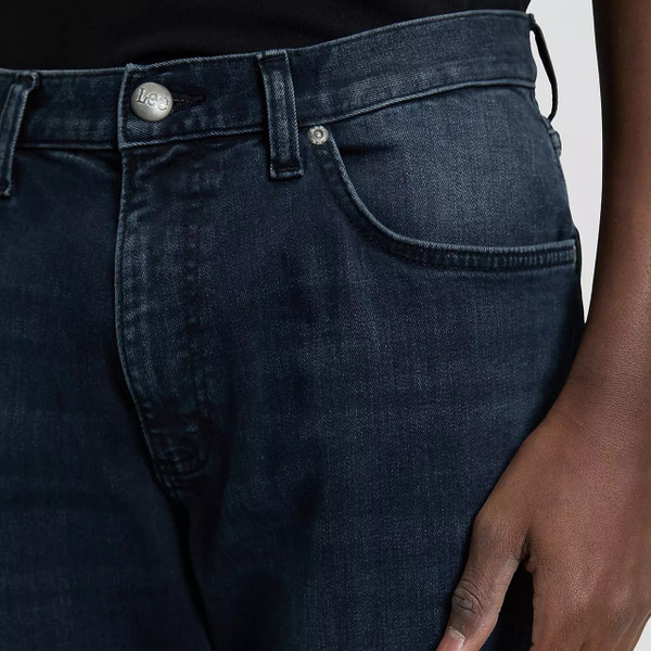 Model Wearing Lee West Regular Straight Medium Stretch Dark Blue Jeans in Below Zero - Close Up Front Pocket