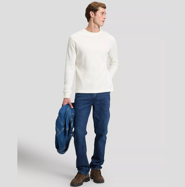 Model Wearing Lee Men's Regular Long Sleeve Waffle Tee in Off White - Front Facing Full Length Shot