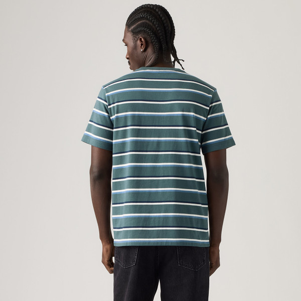 Model wearing the Levi's Stan Stripe Original Housemark T-Shirt in Moonlight Blue, rear view showing the striped design