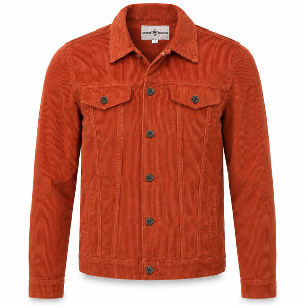 Madcap England Woburn Cord Trucker Jacket in Cinnamon Stick, front view with retro western styling and needle cord fabric