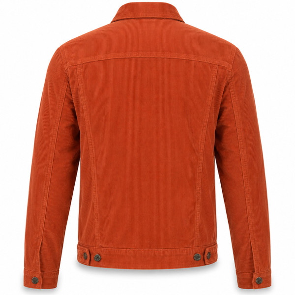 Madcap England Woburn Cord Trucker Jacket in Cinnamon Stick, back view showing classic western yoke detailing