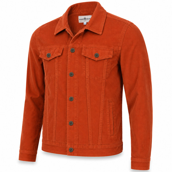 Madcap England Woburn Cord Trucker Jacket in Cinnamon Stick, angled side view showing the regular fit silhouette