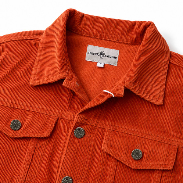 Close up of the Madcap England Woburn Cord Trucker Jacket in Cinnamon Stick showing the needle cord fabric and classic collar