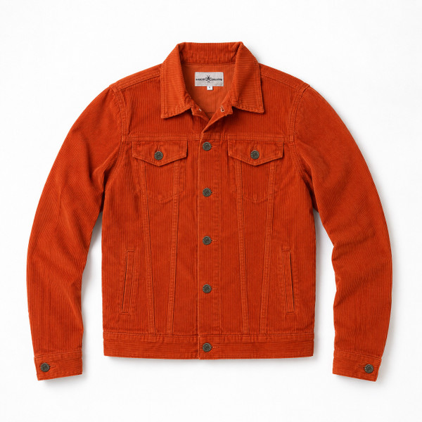Madcap England Woburn Cord Trucker Jacket in Cinnamon Stick laid flat showing the retro trucker jacket design