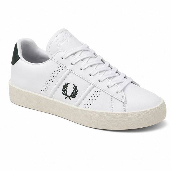 Fred Perry Topspin Men's Leather Tennis Shoes in White - Single shoe angled from front