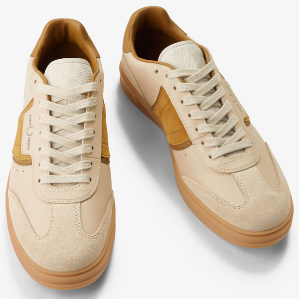 Fred Perry B4 Leather/Suede Tennis Shoes in Oatmeal - Pair of shoes front view from above