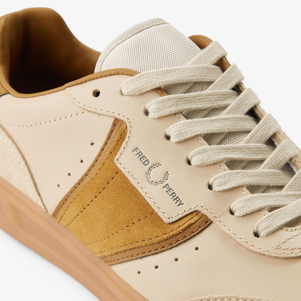 Fred Perry B4 Leather/Suede Tennis Shoes in Oatmeal - Single shoe close up lacing