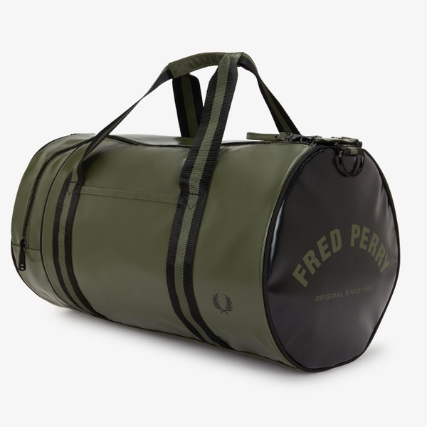 Fred Perry Classic Barrel Bag in Laurel Wreath Green / Black - Side view at angle