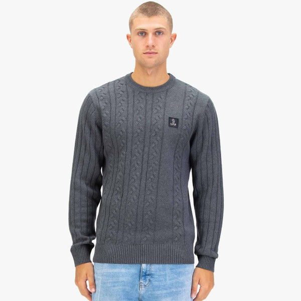 Model Wearing Luke 1977 Mitcham Men's Cable Knit Jumper in Charcoal - Front Facing