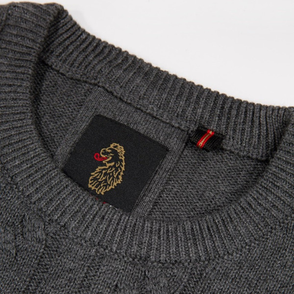 Luke 1977 Mitcham Men's Cable Knit Jumper in Charcoal - Ribbed Crew Neck Close Up