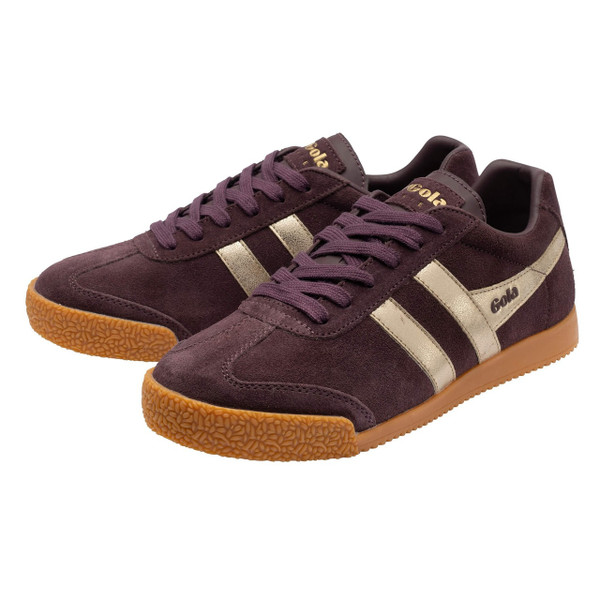 Gola Classics Women's Harrier Mirror Suede Trainers in Cocoa / Gold / Gum - Pair of trainers side view straight