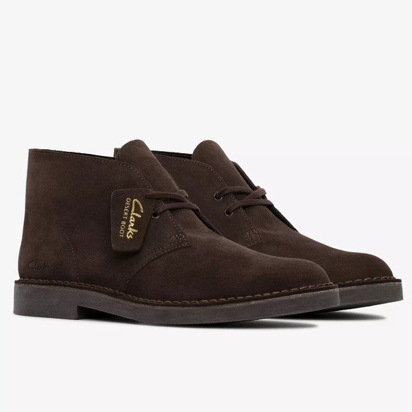 Clarks Originals Men's Desert Boot Evo in Dark Brown Suede - Pair of boots side view at angle