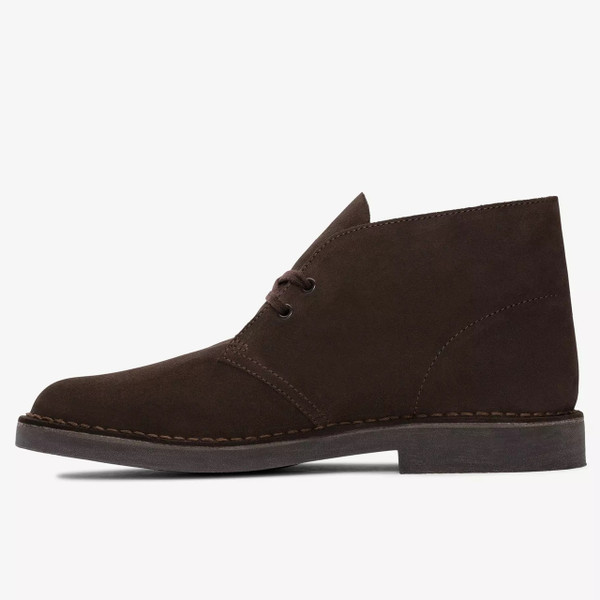 Clarks Originals Men's Desert Boot Evo in Dark Brown Suede - Single boot side view straight reverse