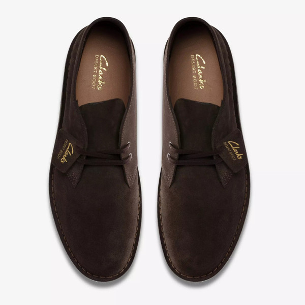 Clarks Originals Men's Desert Boot Evo in Dark Brown Suede - Pair of boots from above